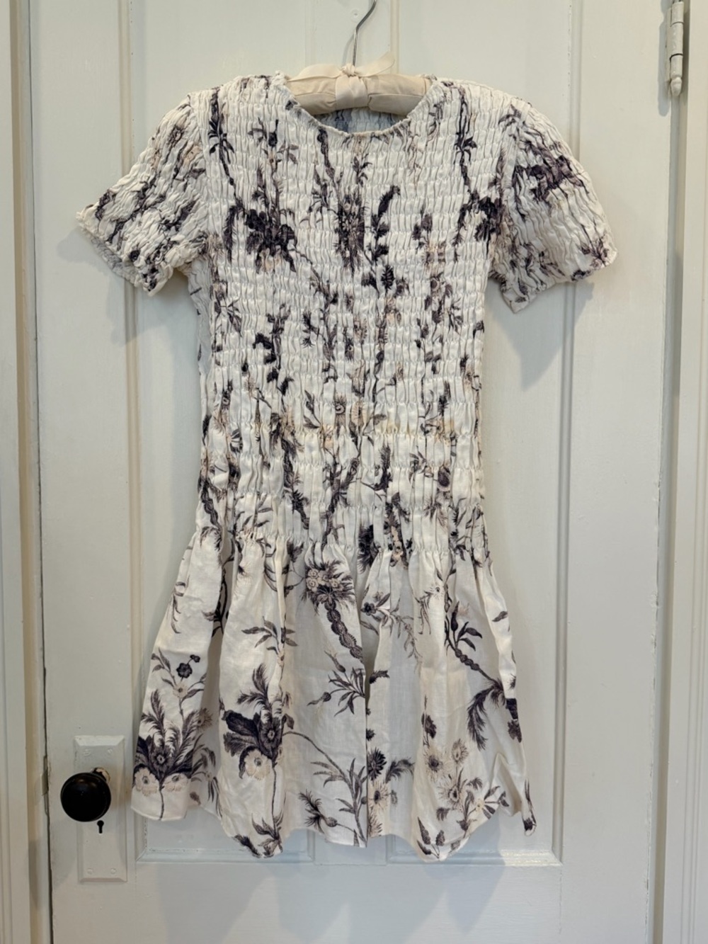 SIR the label White Floral Smocked Mini Dress with Navy and Beige Floral Prints